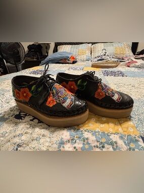 Black Platform Loafers Shoes with Colorful Embroidered Sugar Skull & Flowers
